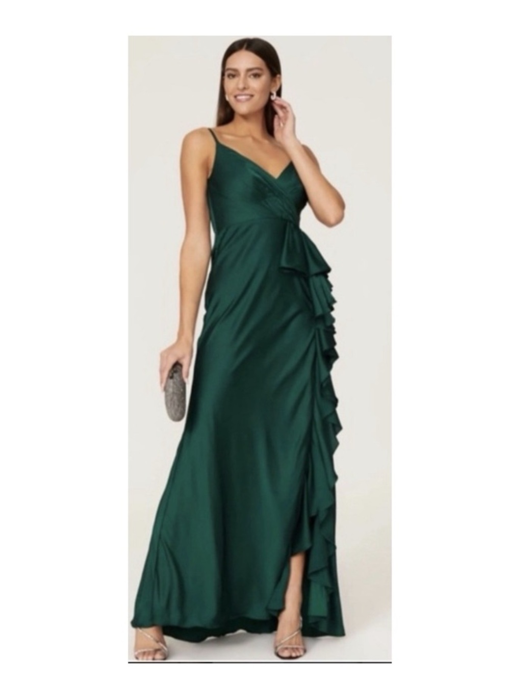 Mac Duggal Satin Ruffled Asymmetrical Gown in Forest Green Style 67815